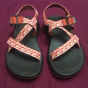 orange and white chacos
